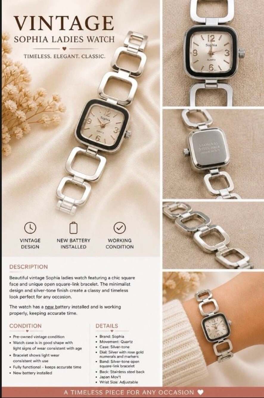 Sophie Vintage Ladies Quartz Watch with Silver-Tone Square-Link Bracelet